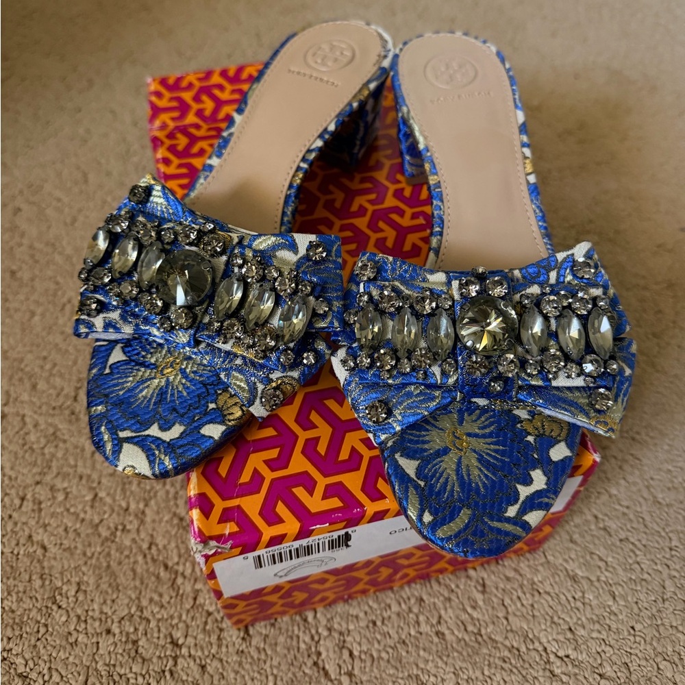 Tory Burch Blue and Gold Jeweled Slide Mules